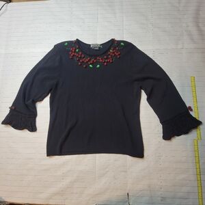 Berek Sweater XL Black Holly Berries Dangle Beaded Ugly Embroidered Christmas